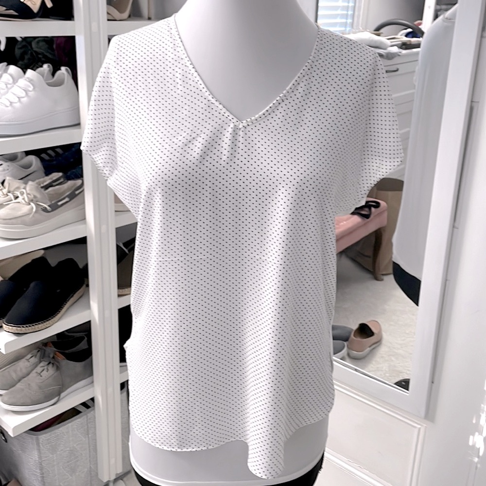 Philosophy Small Summer Top. White with small black polkadots.